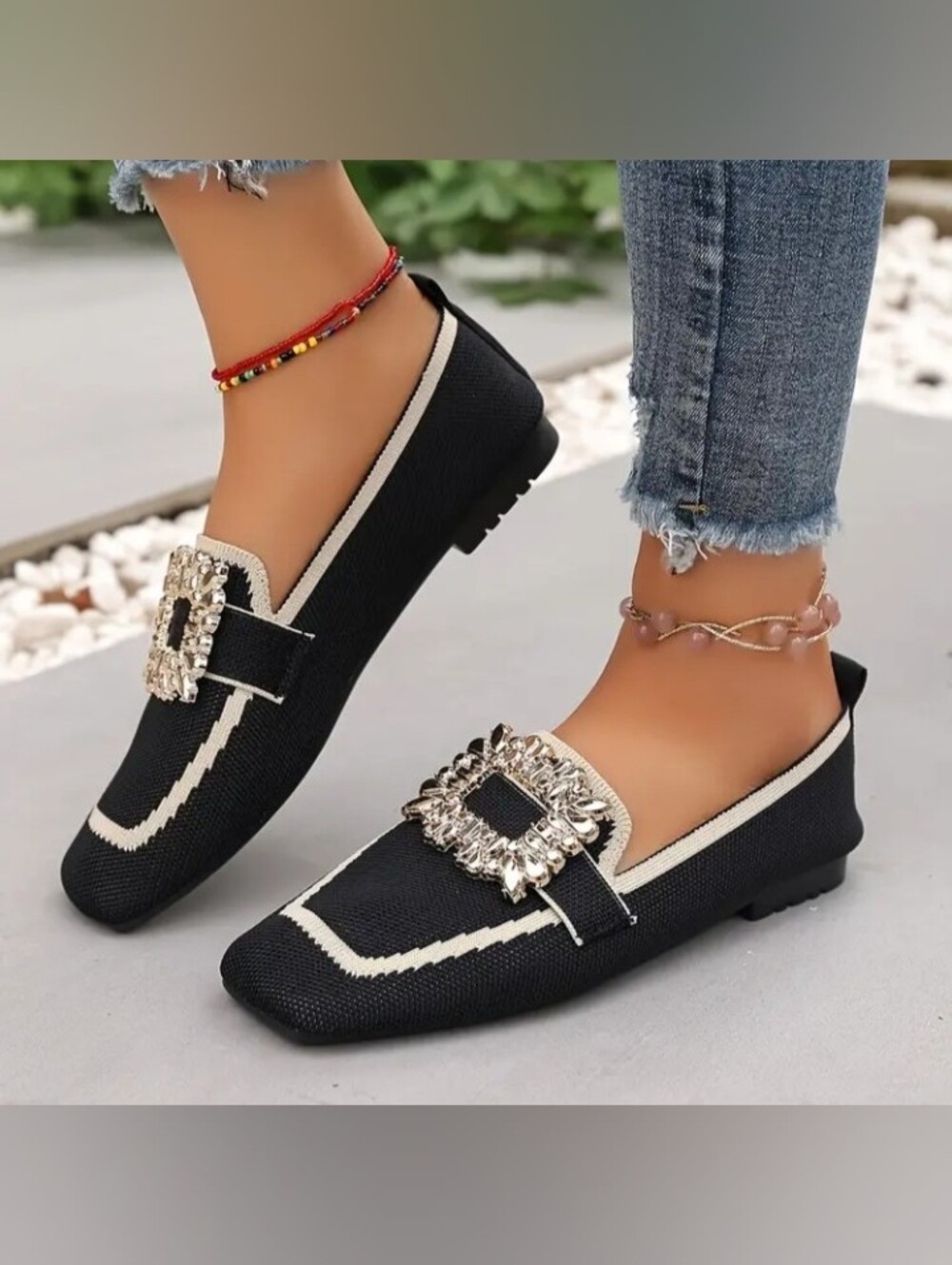 Golden Square Buckle Women'S Loafers - Square Toe Slip-On Shoes, Black - Picture 2 of 3